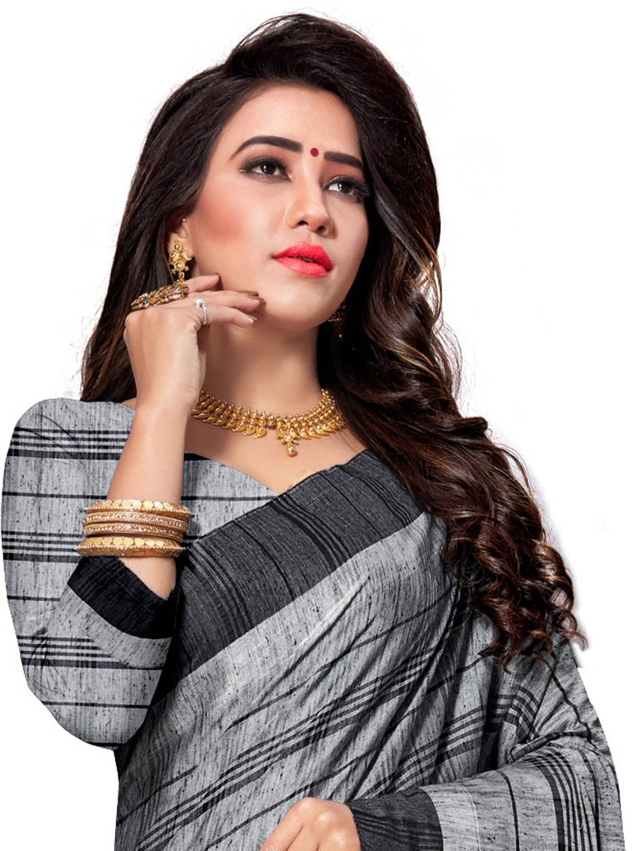 Gray Cotton Silk Printed Casual Saree