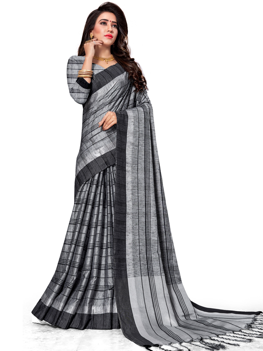 Gray Cotton Silk Printed Casual Saree