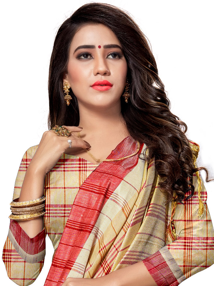 Beige Yellow Cotton Silk Printed Casual Saree