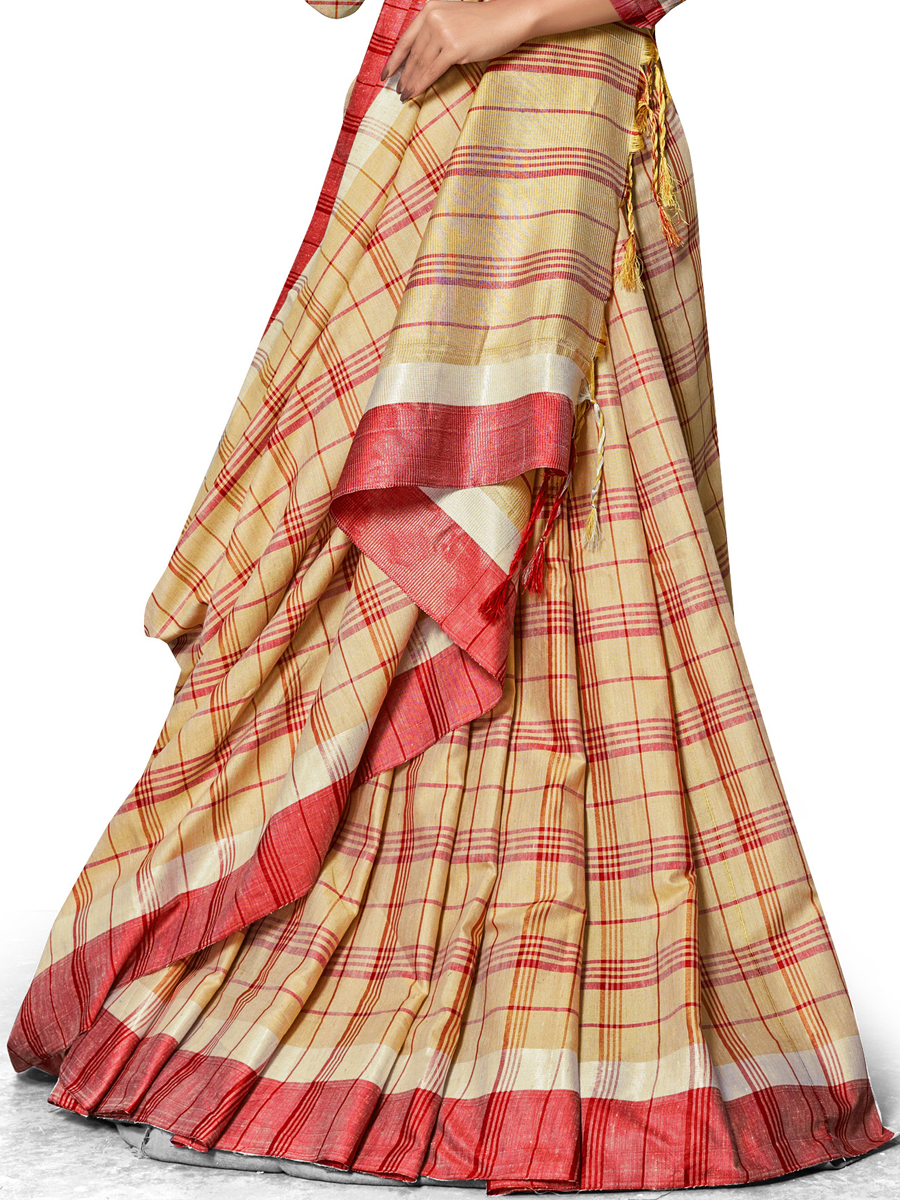 Beige Yellow Cotton Silk Printed Casual Saree