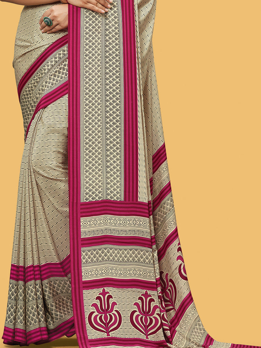 Cream Yellow Cotton Silk Printed Casual Saree