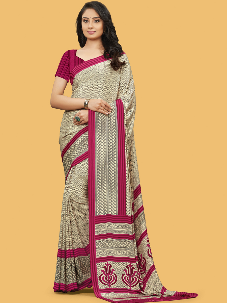 Cream Yellow Cotton Silk Printed Casual Saree