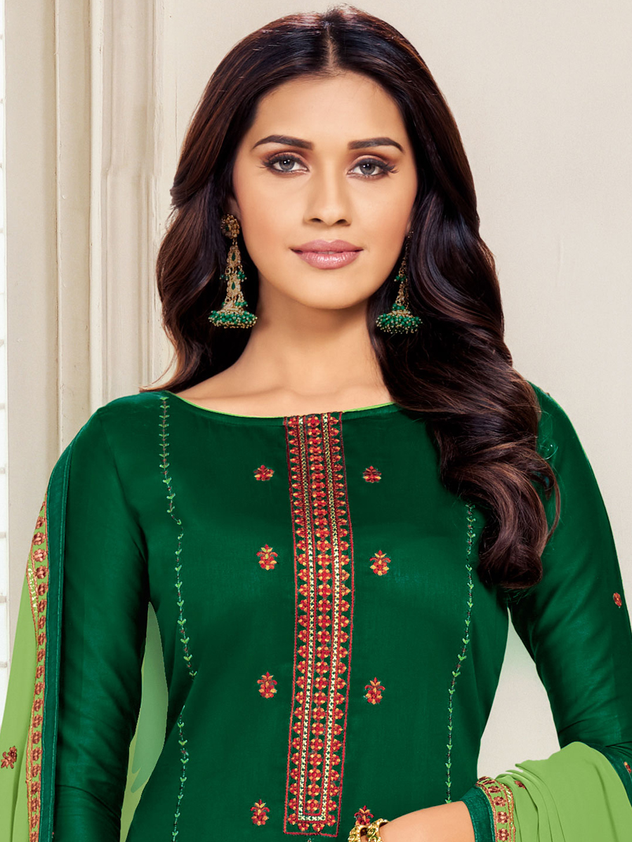 Hunter Green Cotton Embroidered Party Churidar Pant Kameez