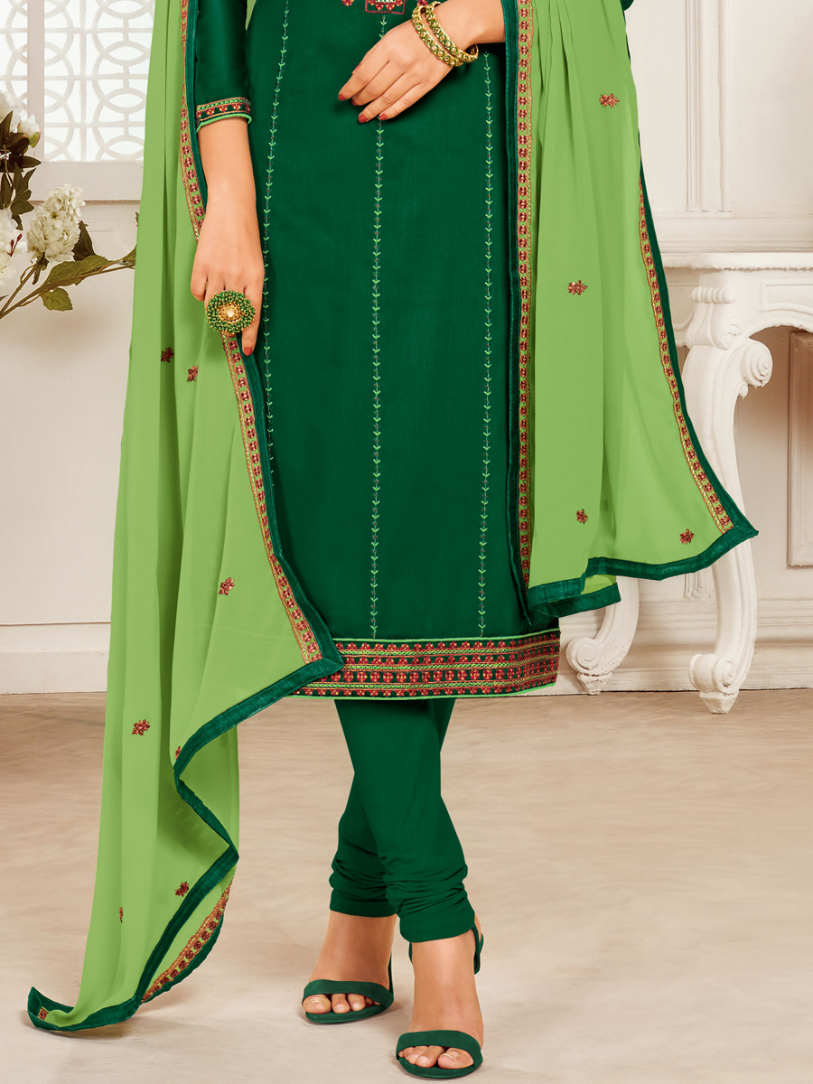 Hunter Green Cotton Embroidered Party Churidar Pant Kameez