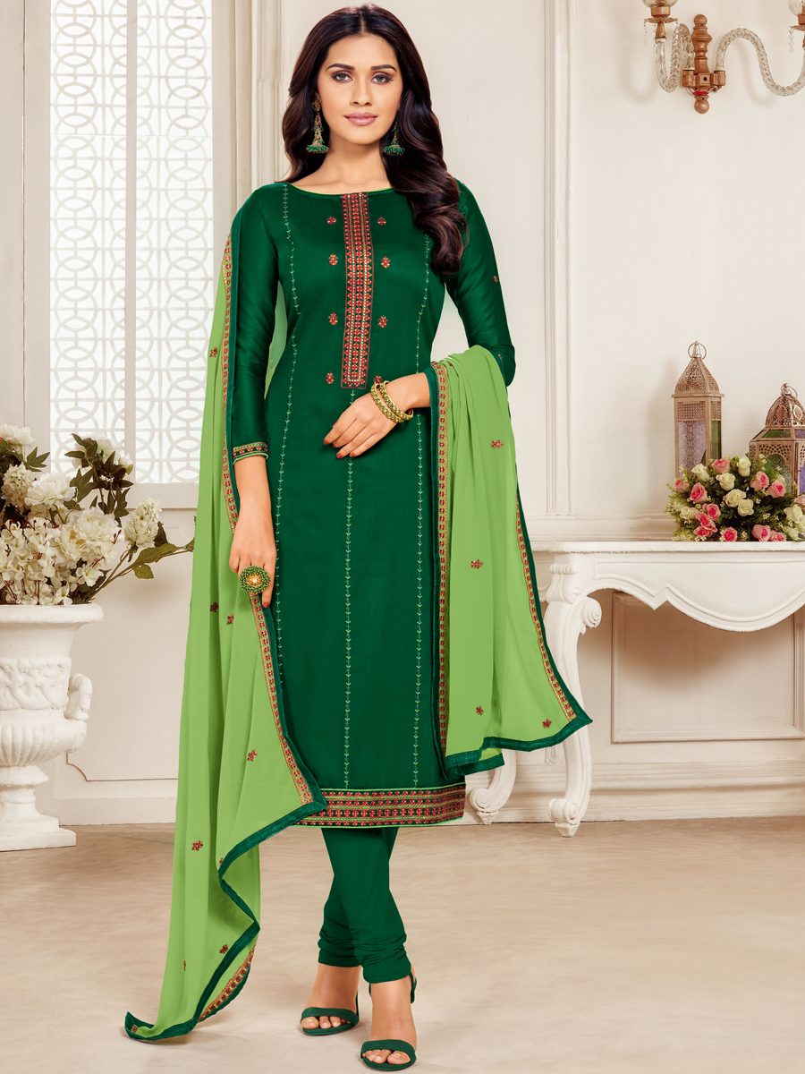 Hunter Green Cotton Embroidered Party Churidar Pant Kameez