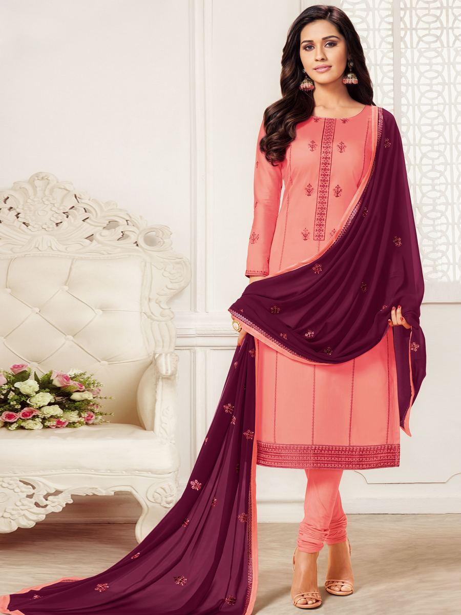 Coral Pink Cotton Embroidered Party Churidar Pant Kameez
