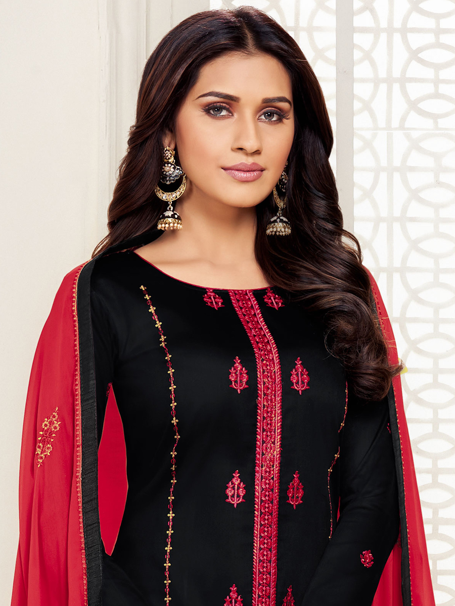 Black Cotton Embroidered Party Churidar Pant Kameez