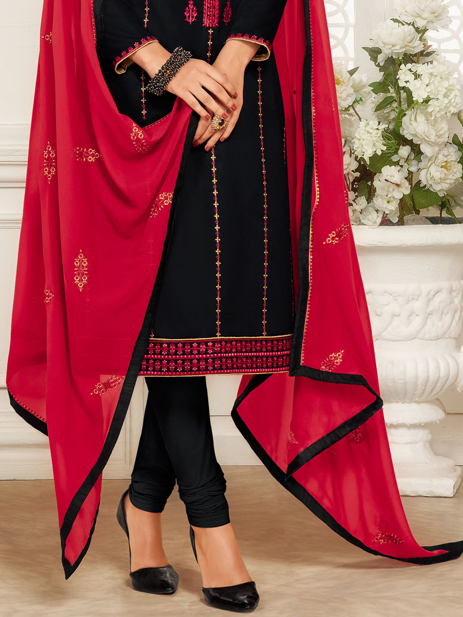 Black Cotton Embroidered Party Churidar Pant Kameez