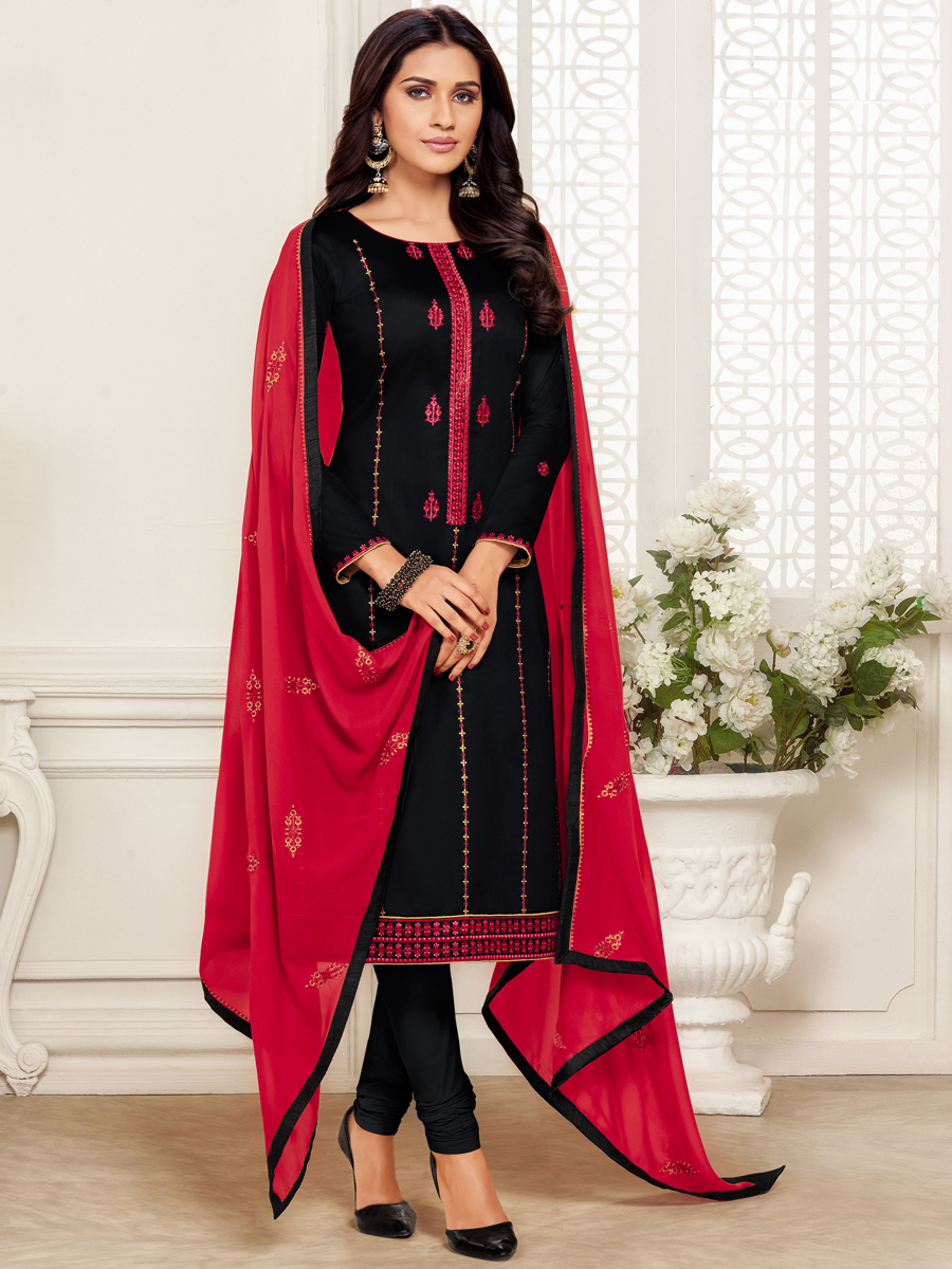 Black Cotton Embroidered Party Churidar Pant Kameez