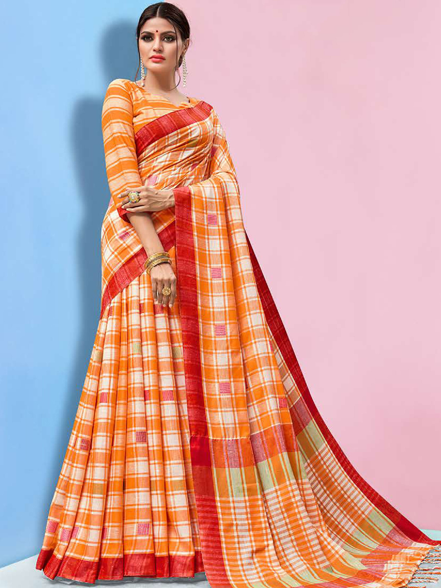 Pumpkin Orange and Off-White Linen Cotton Handwoven Festival Saree