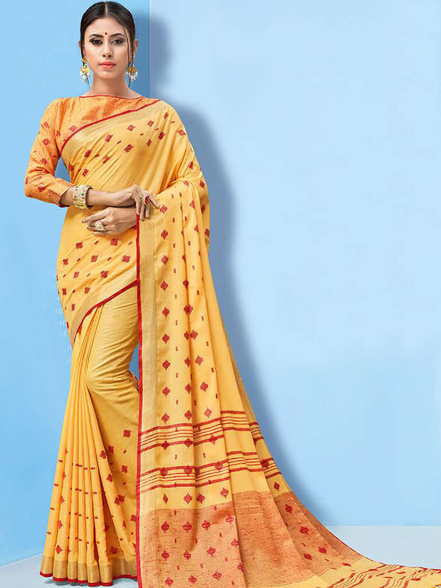Saffron Yellow Linen Cotton Handwoven Festival Saree