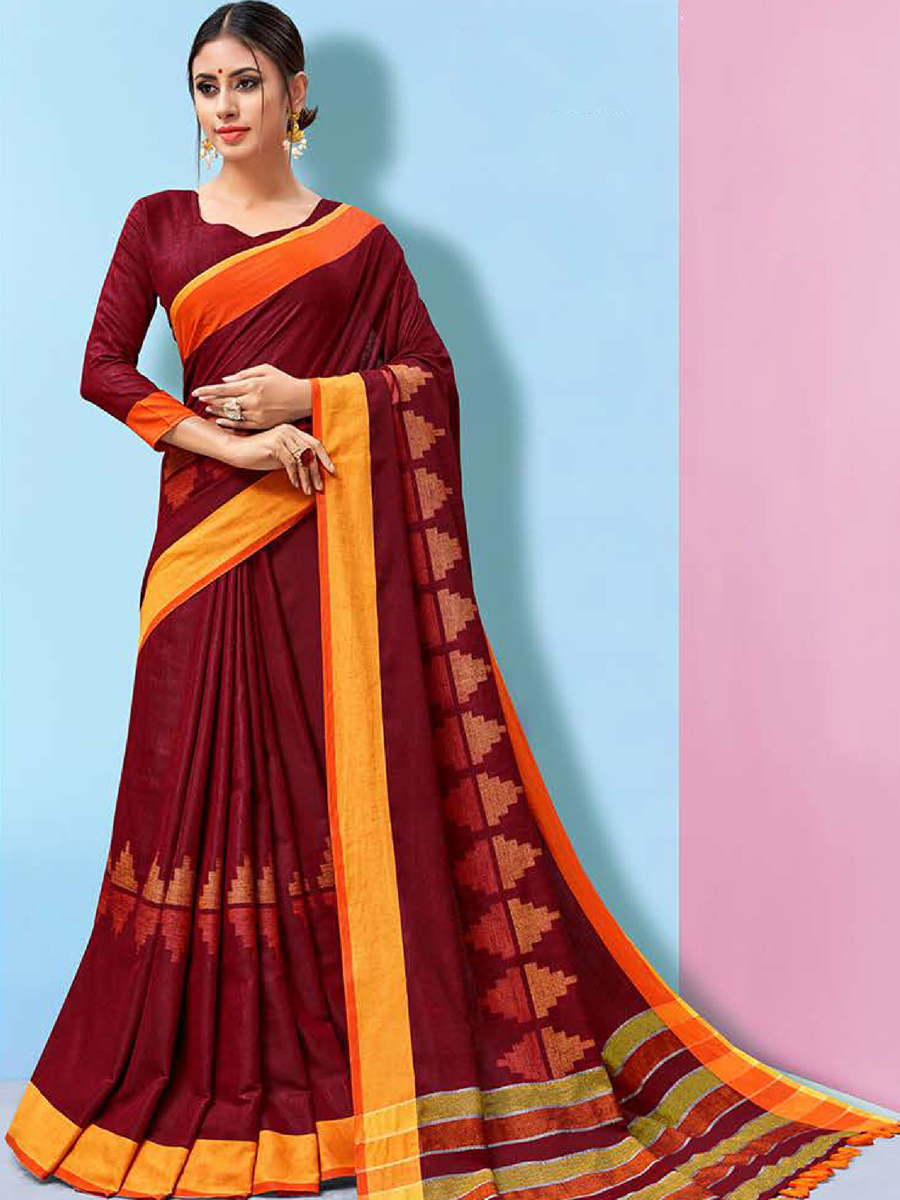 Maroon Linen Cotton Handwoven Festival Saree