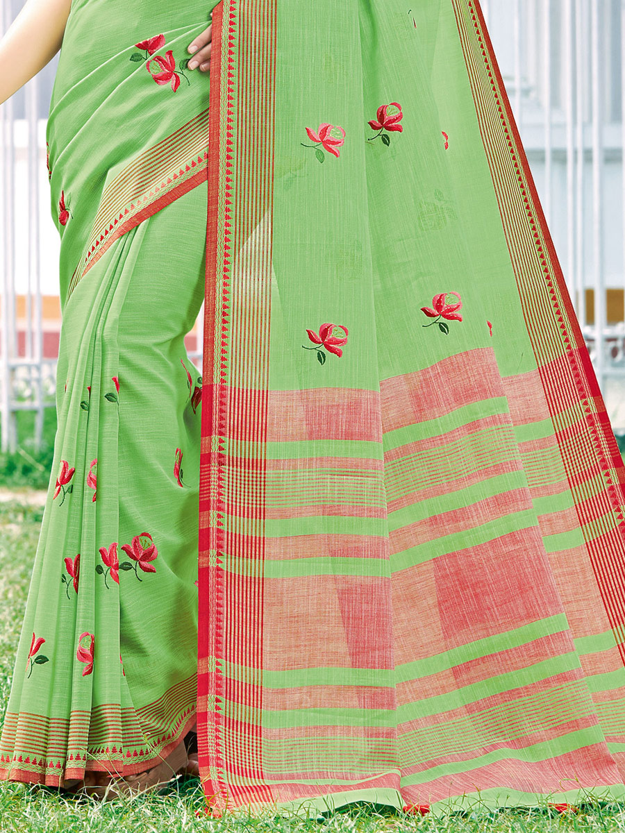 Parrot Green Linen Cotton Embroidered Party Saree
