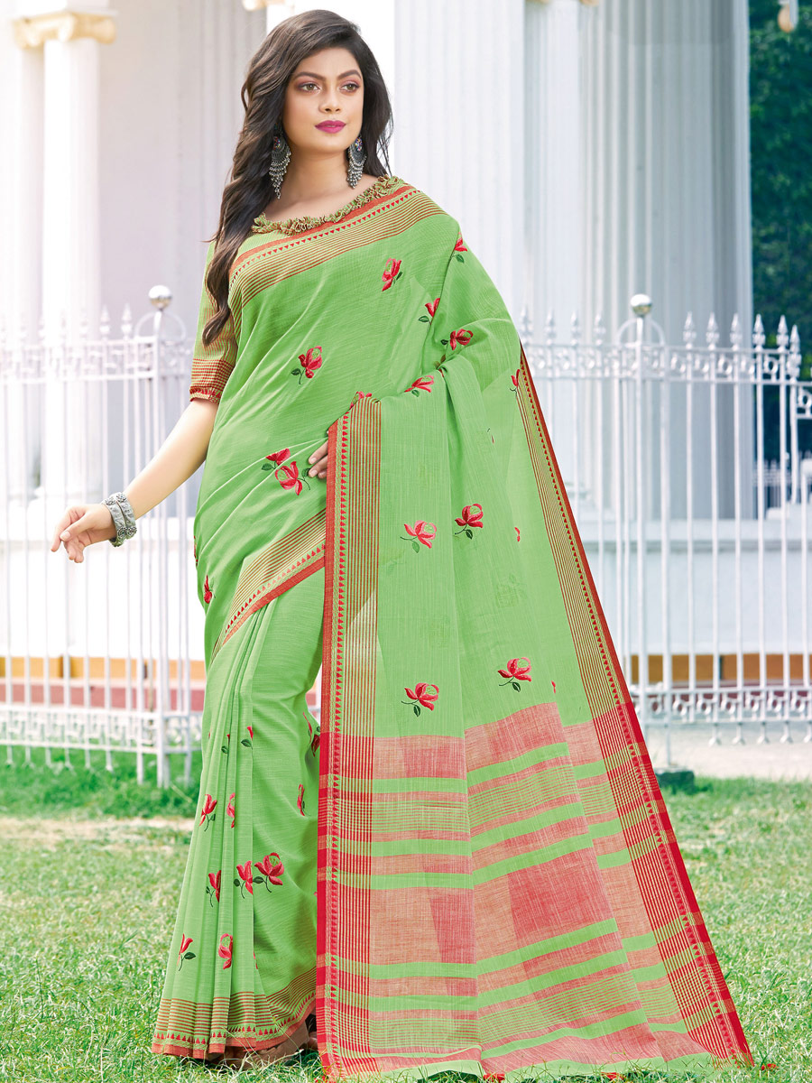 Parrot Green Linen Cotton Embroidered Party Saree