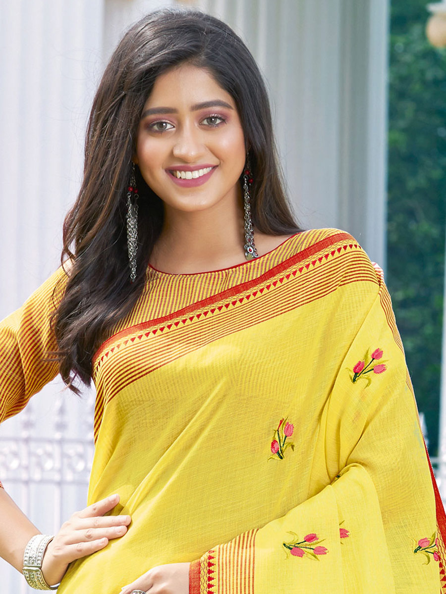 Saffron Yellow Linen Cotton Embroidered Party Saree