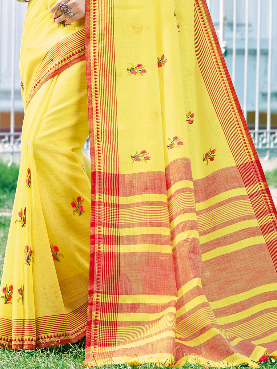 Saffron Yellow Linen Cotton Embroidered Party Saree