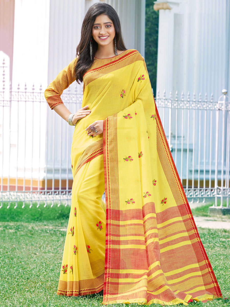Saffron Yellow Linen Cotton Embroidered Party Saree