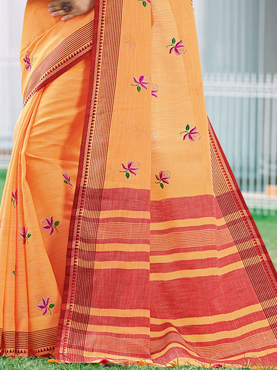 Coral Orange Linen Cotton Embroidered Party Saree