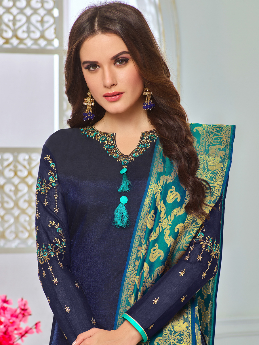Navy Blue Chanderi Cotton Embroidered Festival Churidar Pant Kameez