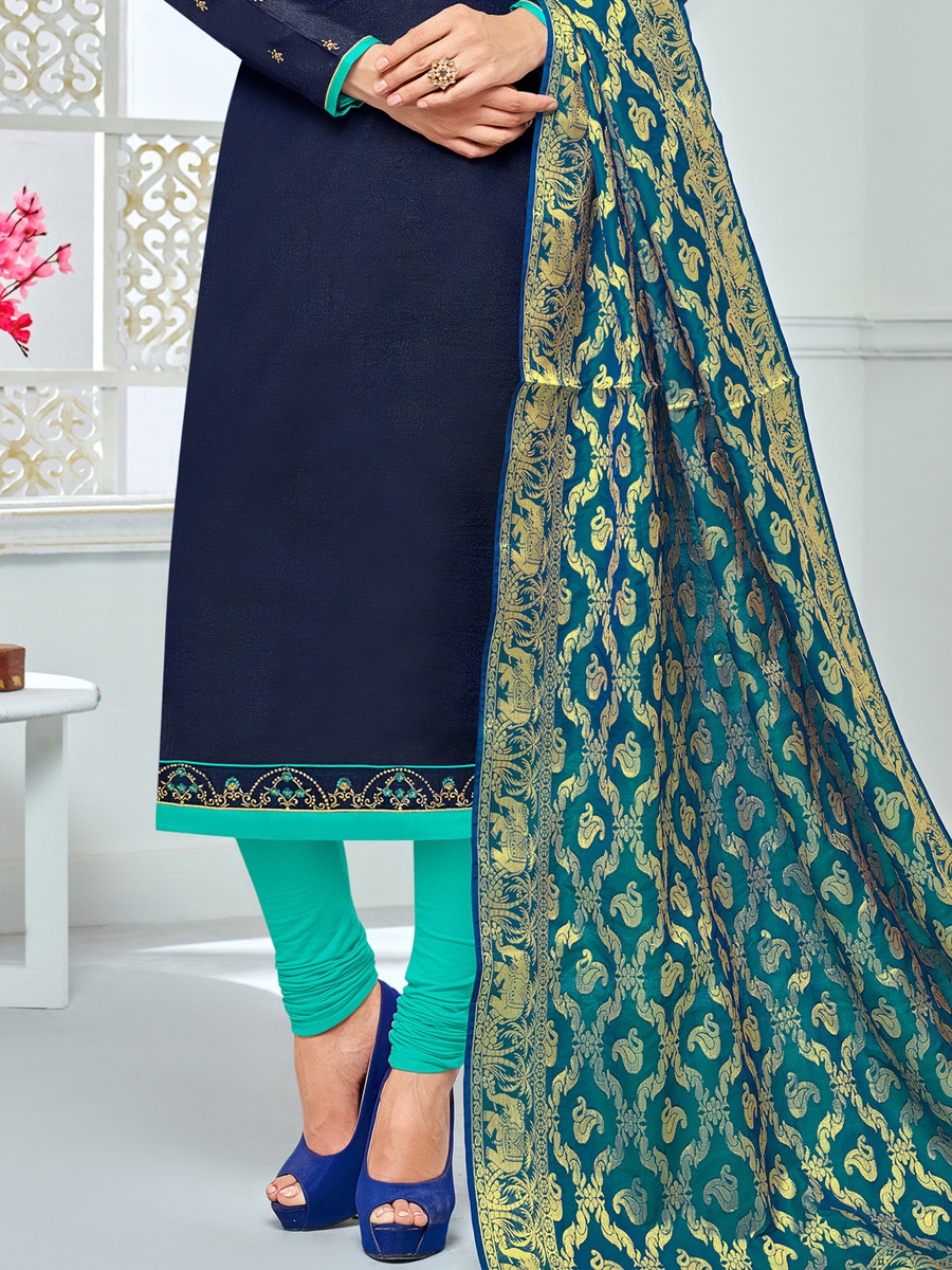 Navy Blue Chanderi Cotton Embroidered Festival Churidar Pant Kameez