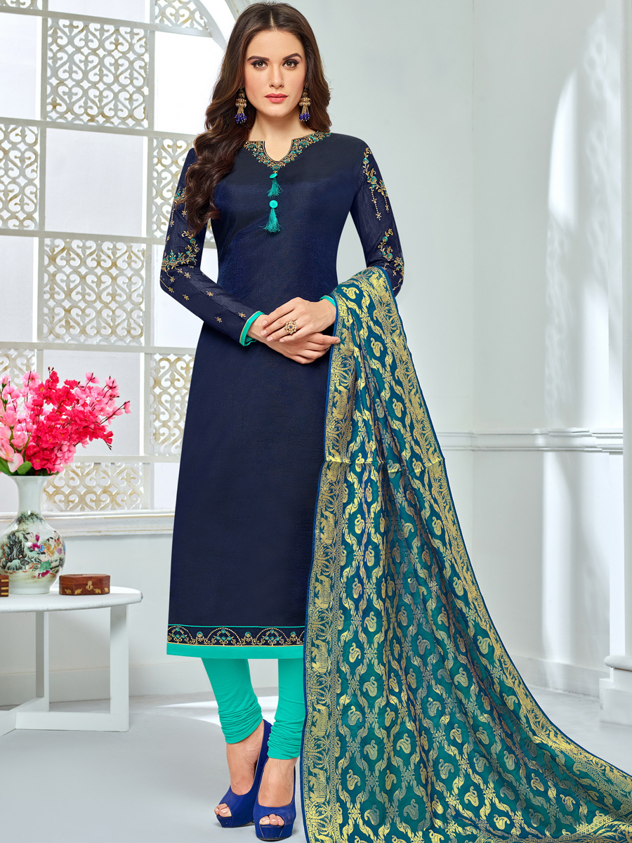 Navy Blue Chanderi Cotton Embroidered Festival Churidar Pant Kameez