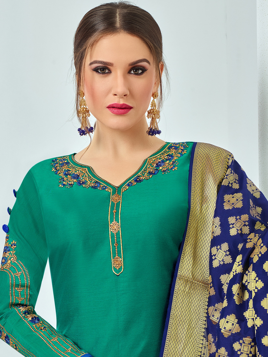 Persian Green Chanderi Cotton Embroidered Festival Churidar Pant Kameez