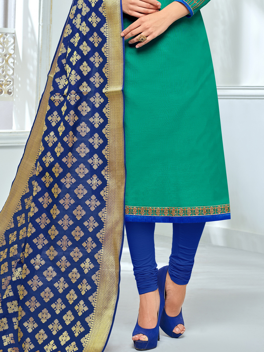 Persian Green Chanderi Cotton Embroidered Festival Churidar Pant Kameez