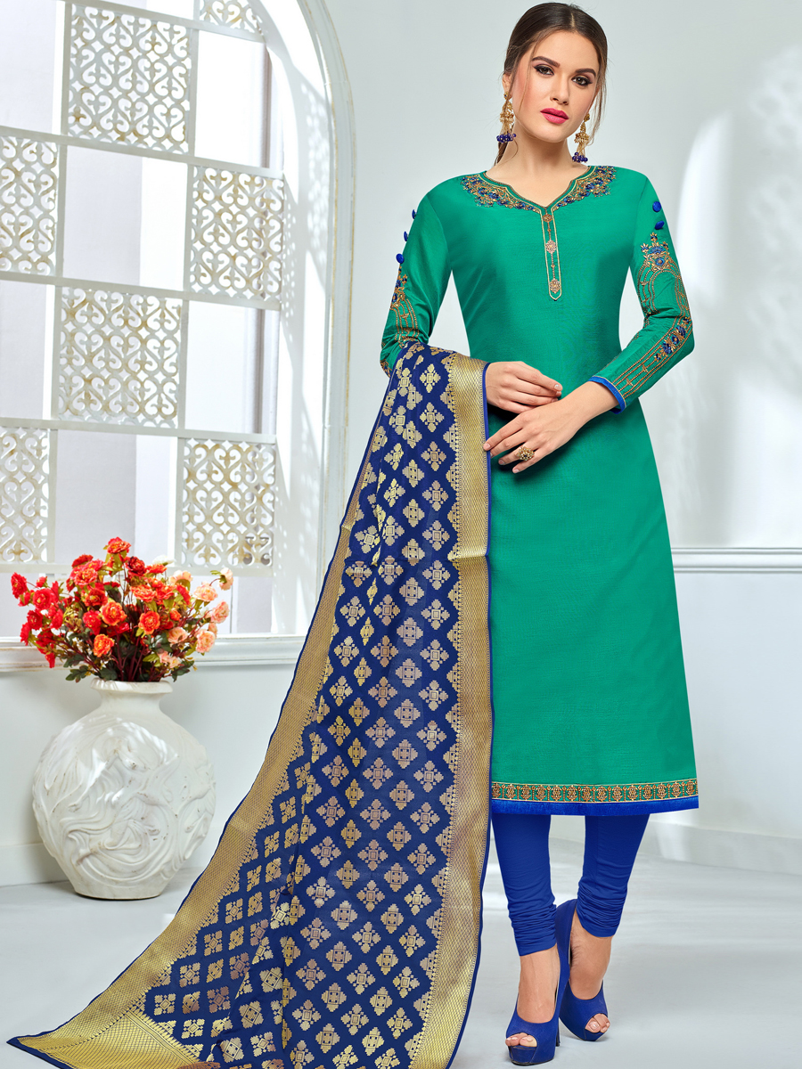 Persian Green Chanderi Cotton Embroidered Festival Churidar Pant Kameez