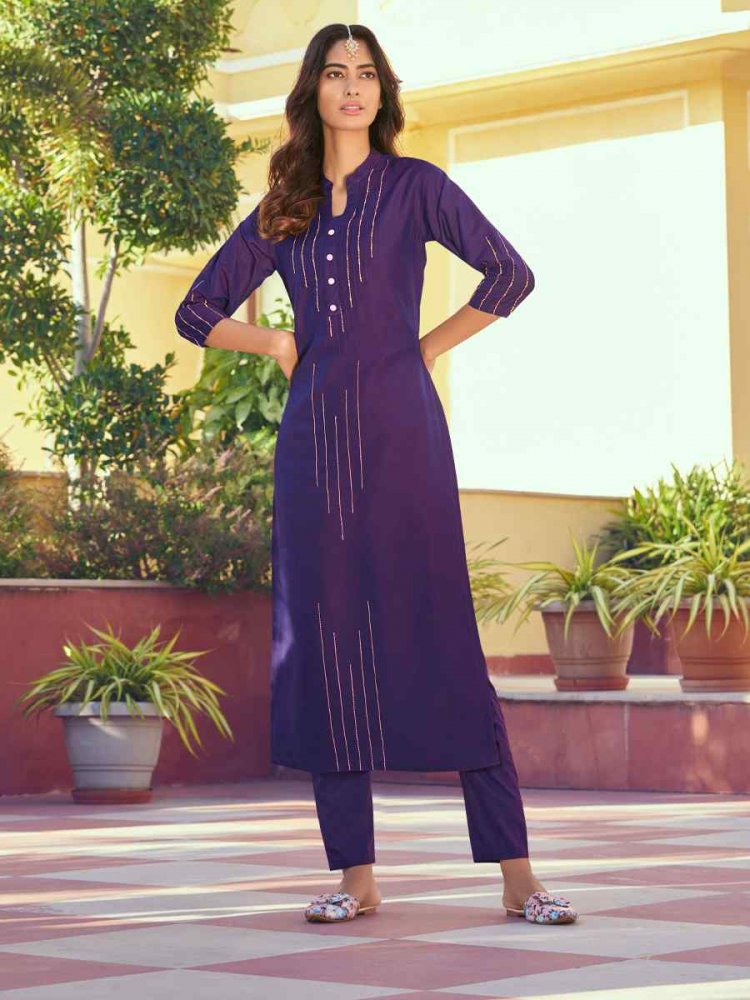 Purple Roman Silk Embroidered Festival Casual Kurti