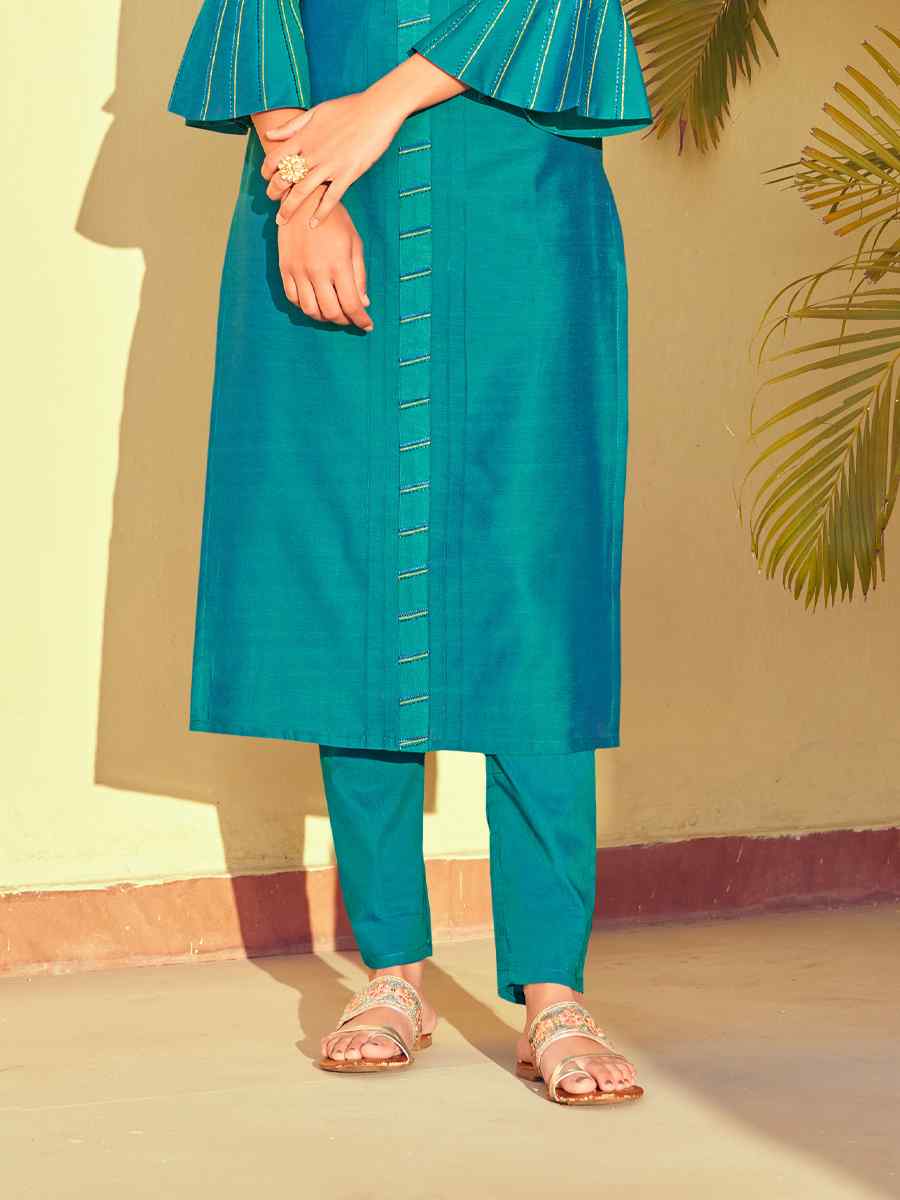 Blue Roman Silk Embroidered Festival Casual Kurti With Bottom