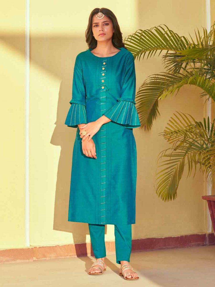 Blue Roman Silk Embroidered Festival Casual Kurti With Bottom