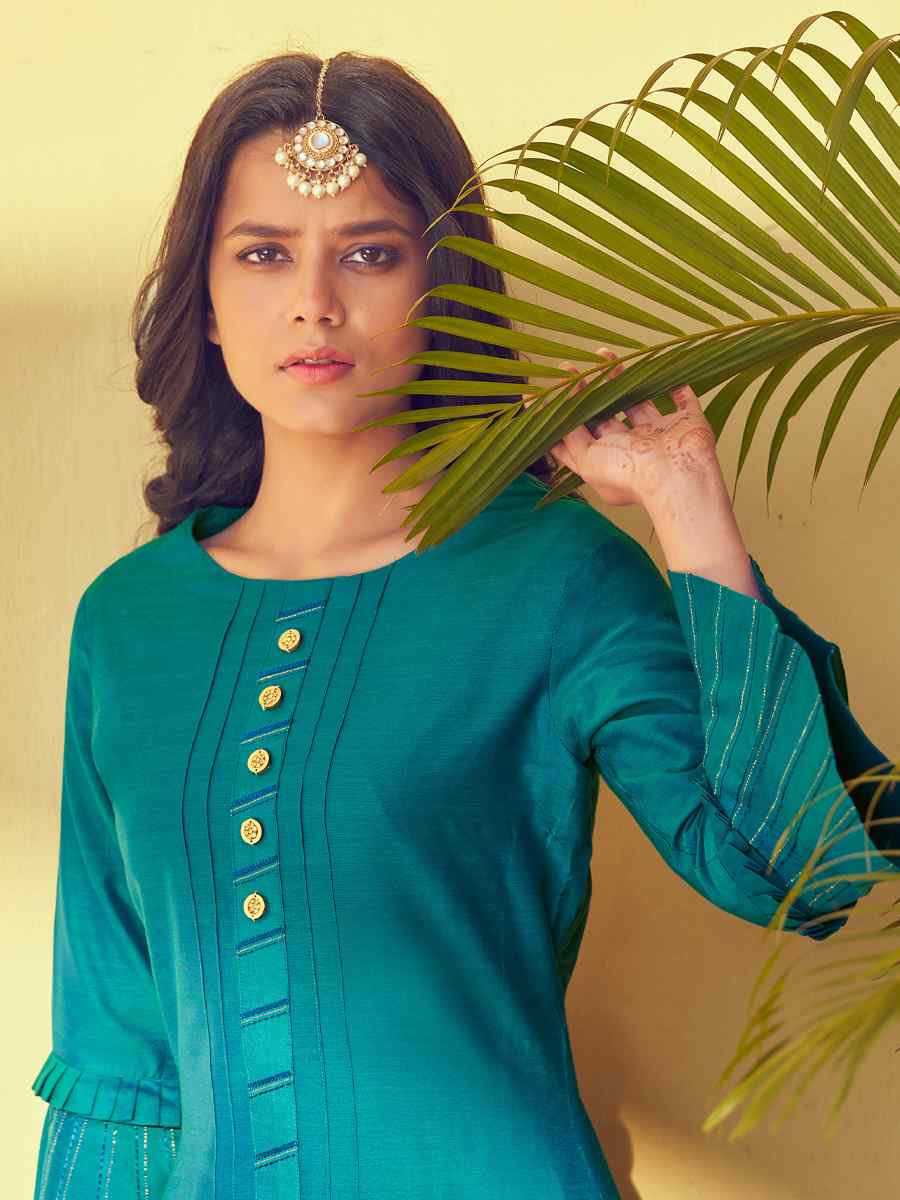 Blue Roman Silk Embroidered Festival Casual Kurti With Bottom