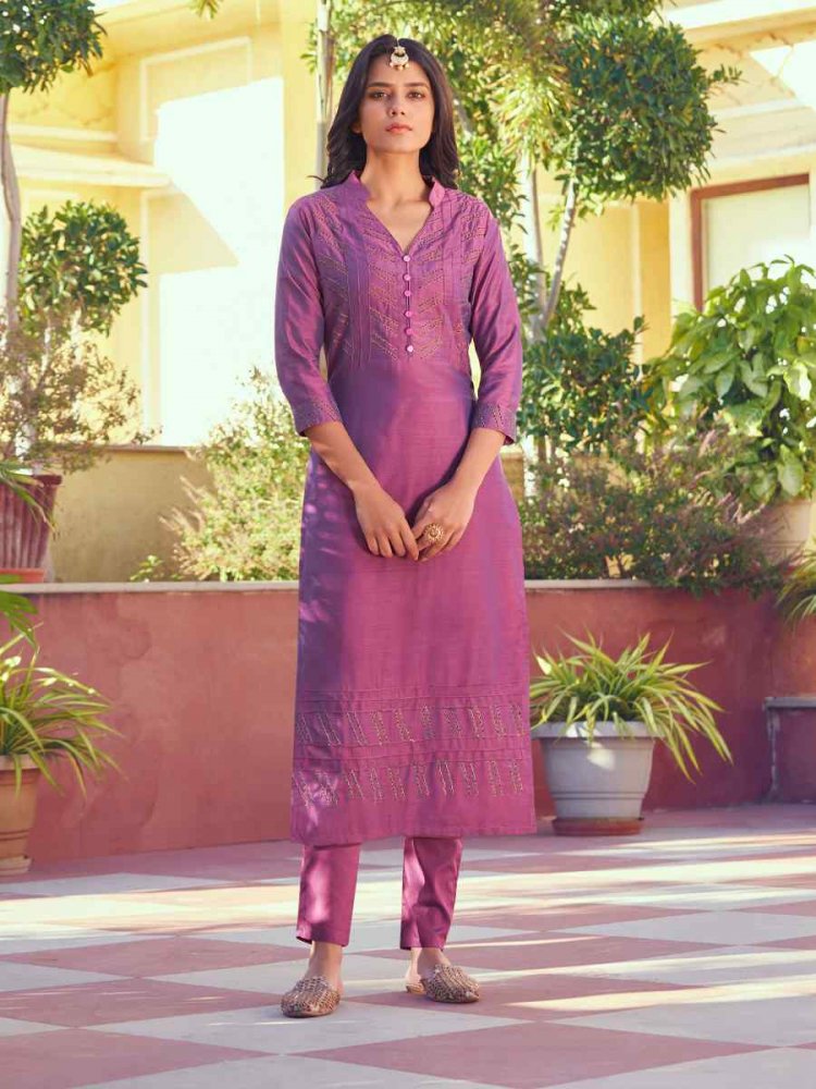 Pink Roman Silk Embroidered Festival Casual Kurti With Bottom