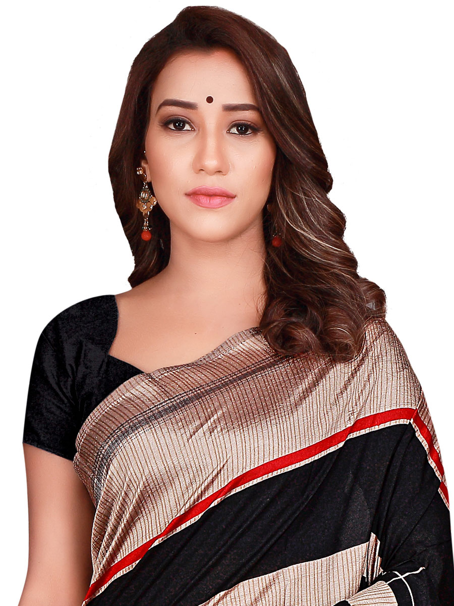 Black and Cream Yellow Art Silk Printed Casual Saree