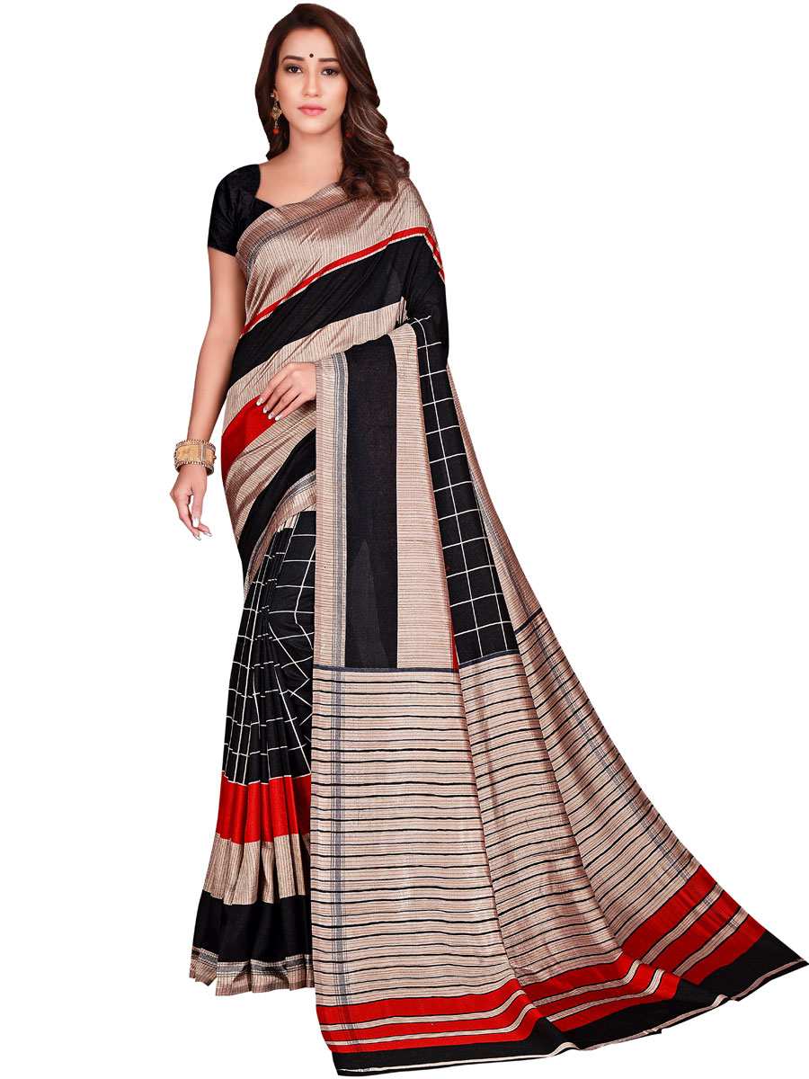 Black and Cream Yellow Art Silk Printed Casual Saree
