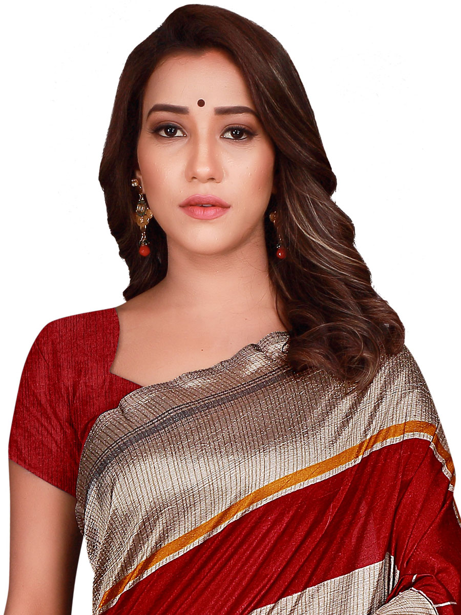 Venetian Red and Cream Yellow Art Silk Printed Casual Saree