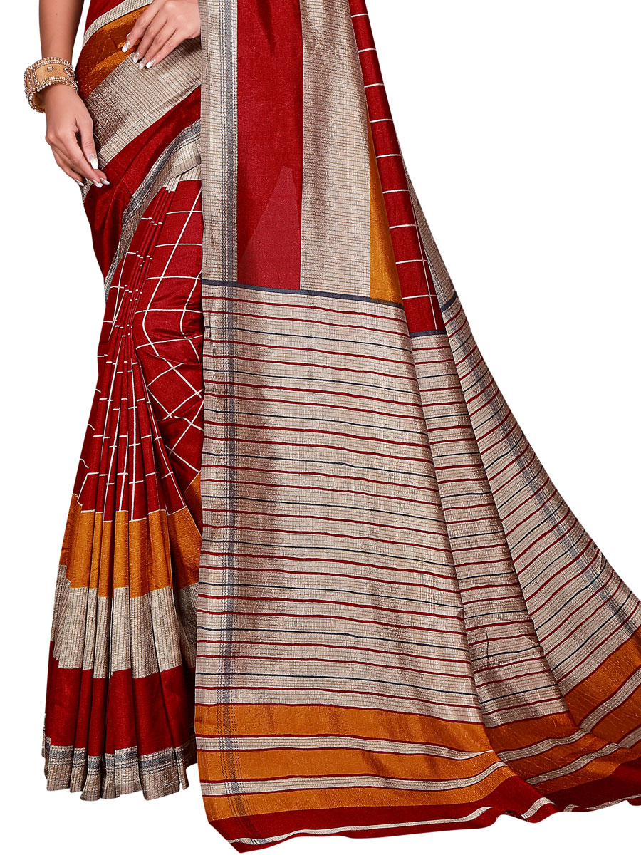Venetian Red and Cream Yellow Art Silk Printed Casual Saree