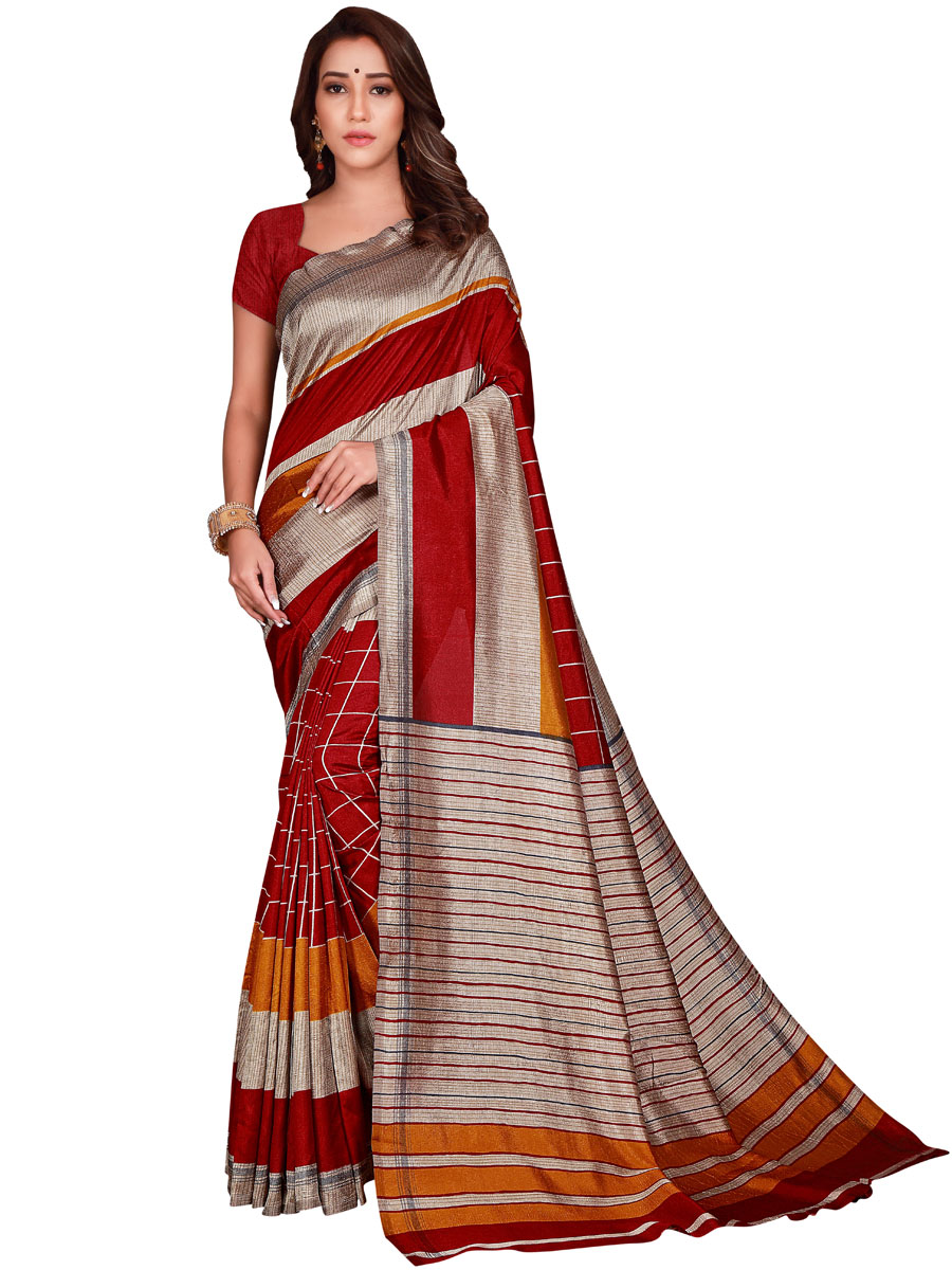 Venetian Red and Cream Yellow Art Silk Printed Casual Saree