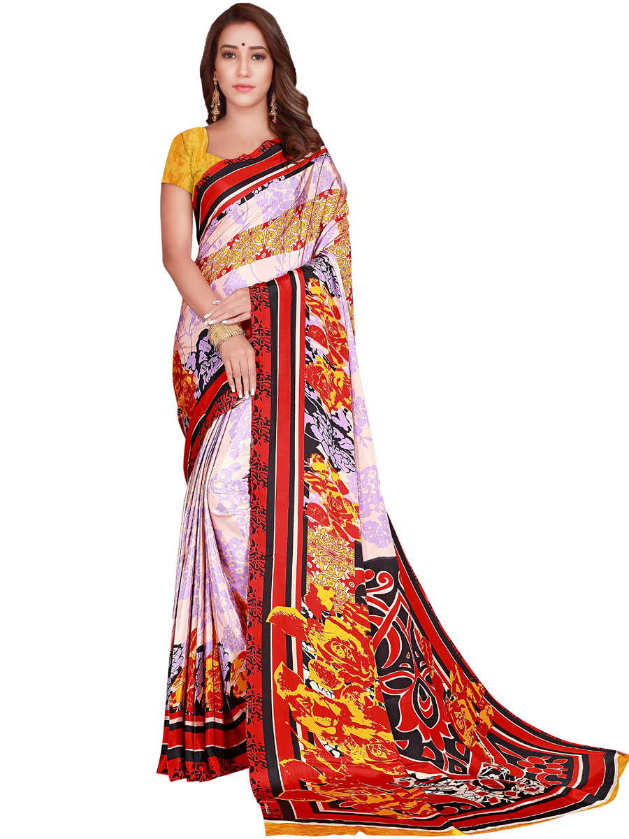 Rose Madder Red and Light Violet Crepe Printed Casual Saree