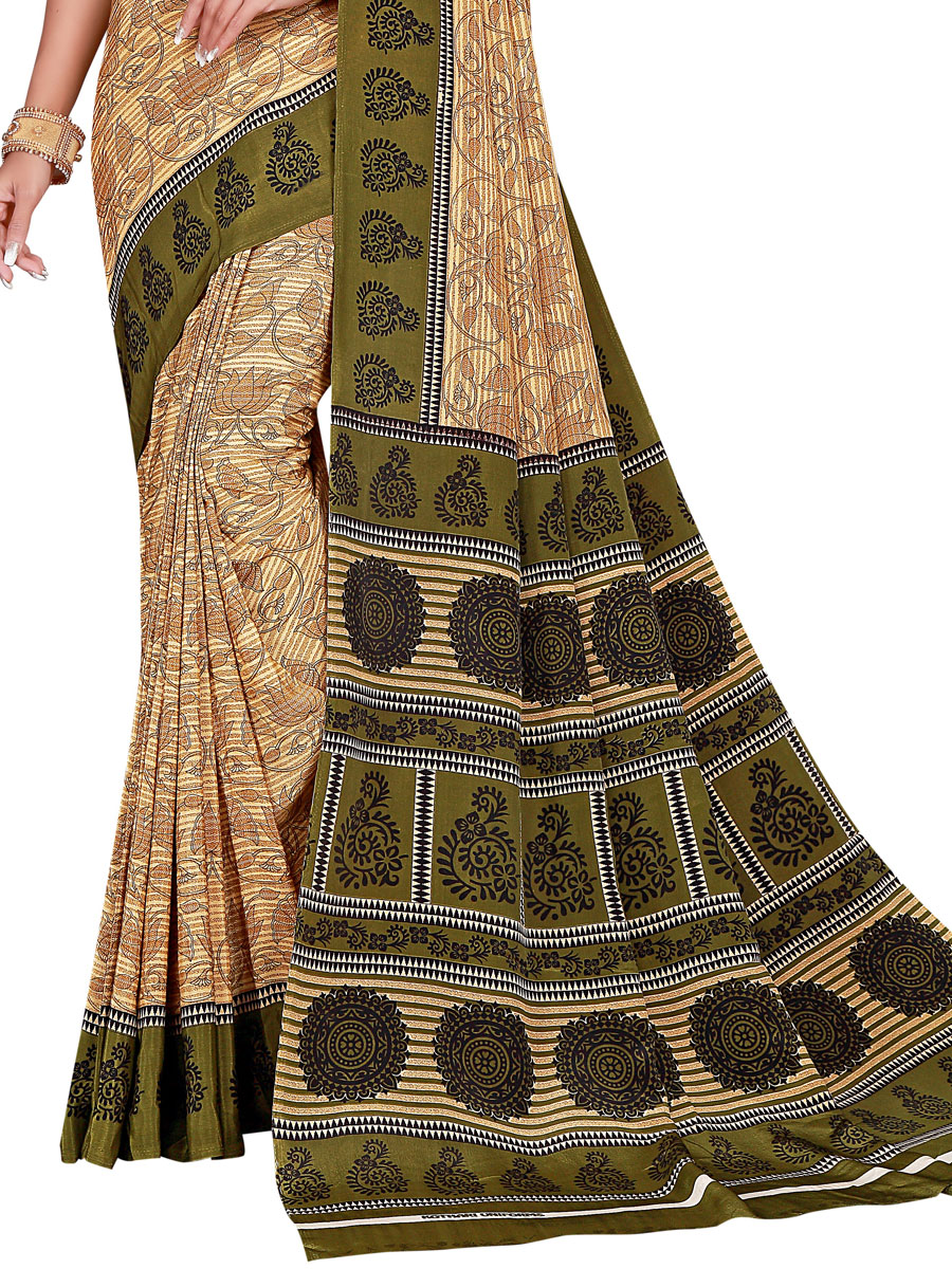 Beige Yellow and Army Green Crepe Printed Casual Saree