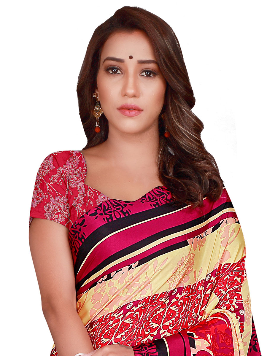 Peach-Orange and Rose Madder Red Crepe Printed Casual Saree