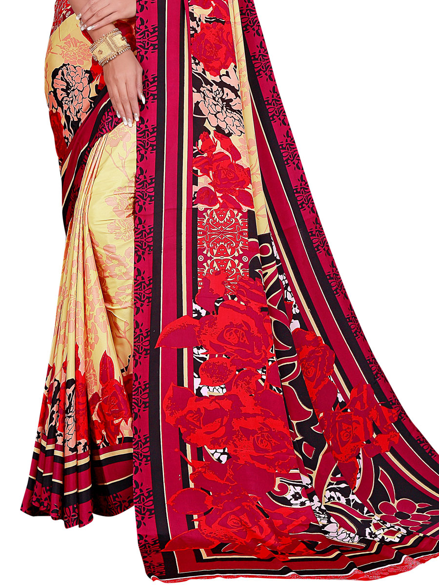 Peach-Orange and Rose Madder Red Crepe Printed Casual Saree