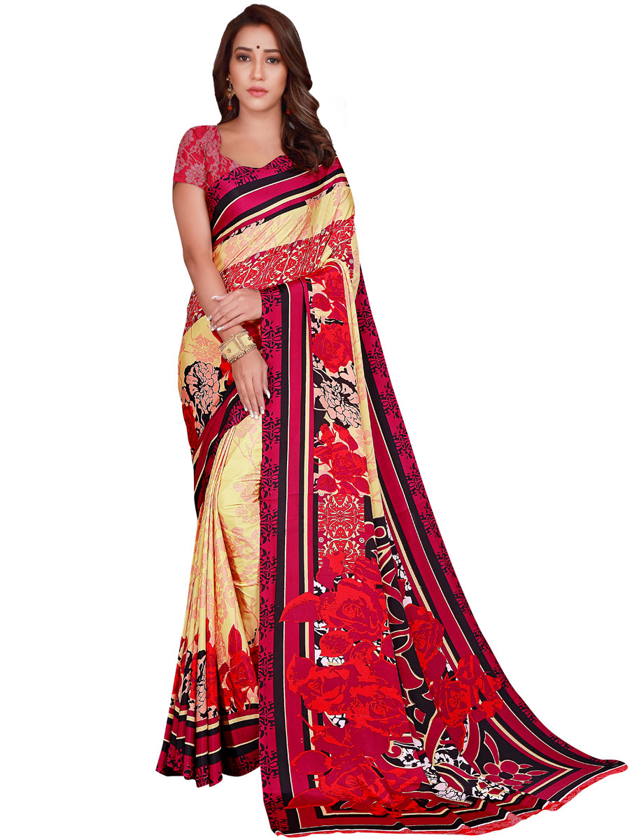 Peach-Orange and Rose Madder Red Crepe Printed Casual Saree