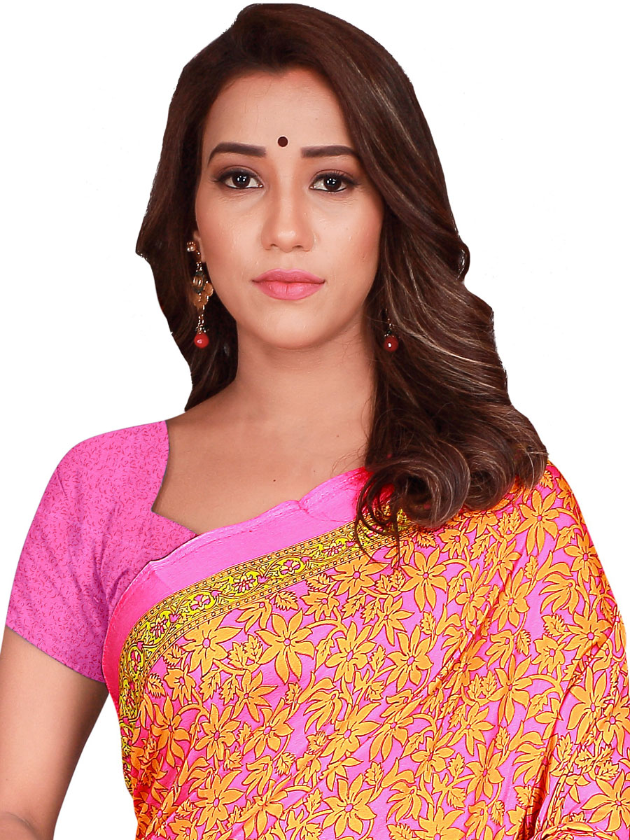 Rose Pink and Orange Crepe Printed Casual Saree