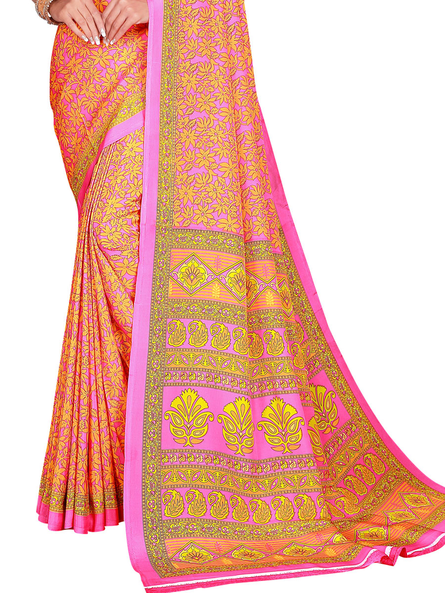 Rose Pink and Orange Crepe Printed Casual Saree