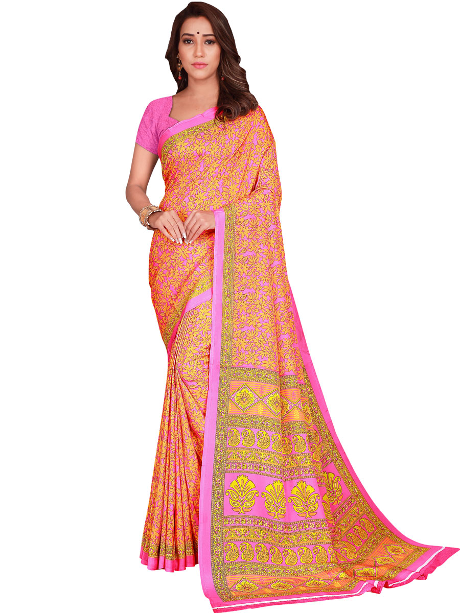 Rose Pink and Orange Crepe Printed Casual Saree
