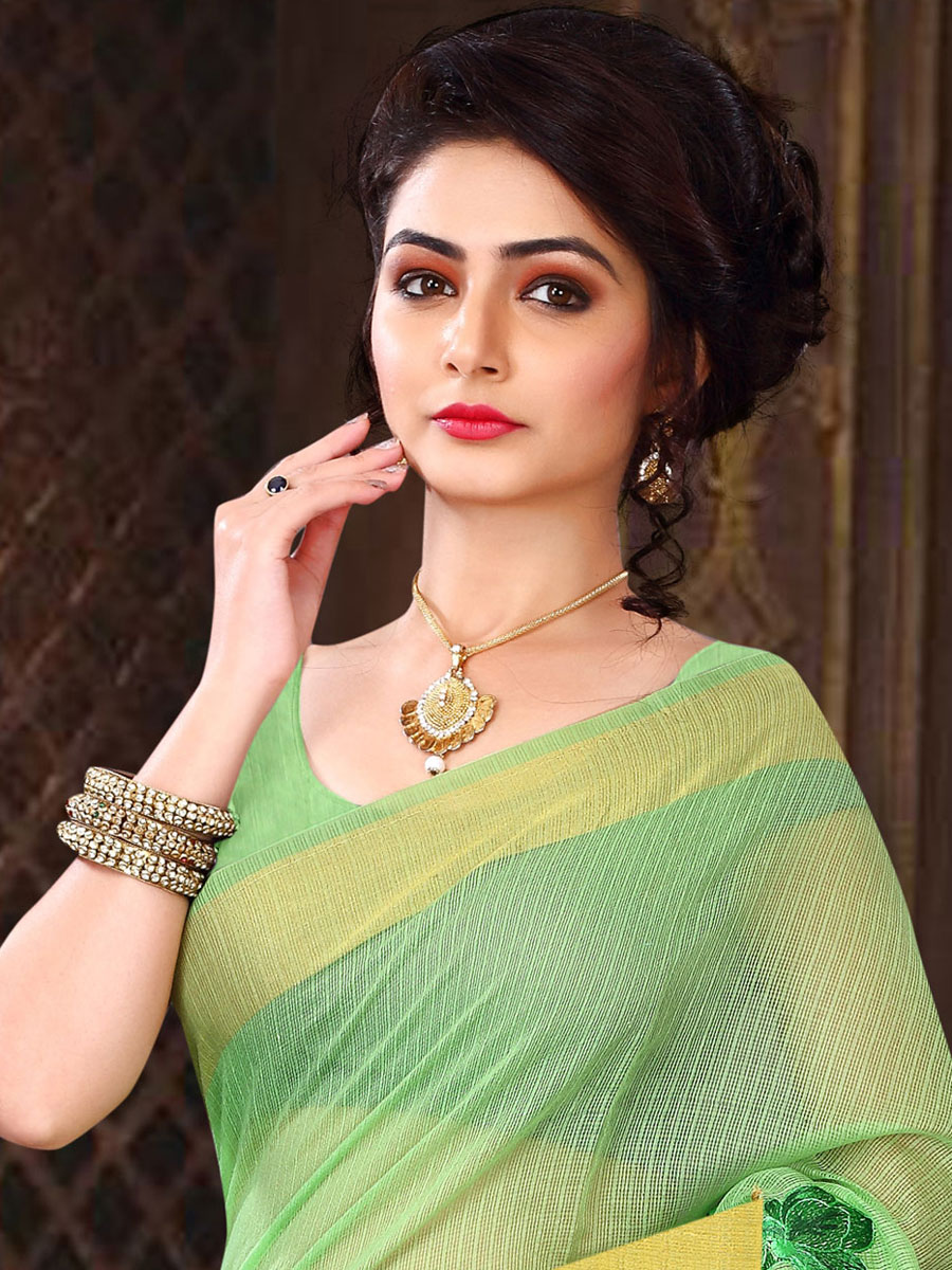 Light Parrot Green Super Net Embroidered Casual Saree