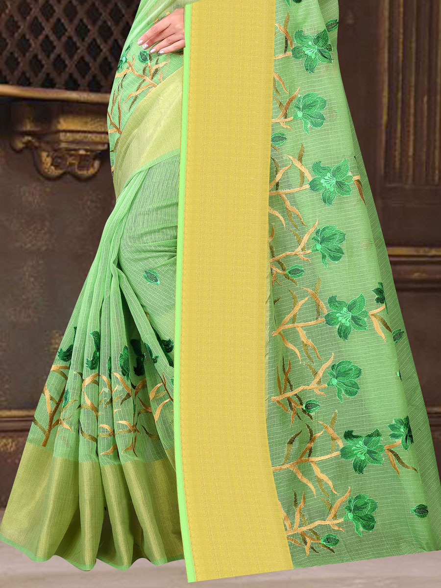 Light Parrot Green Super Net Embroidered Casual Saree