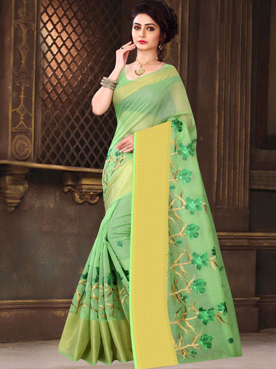 Light Parrot Green Super Net Embroidered Casual Saree