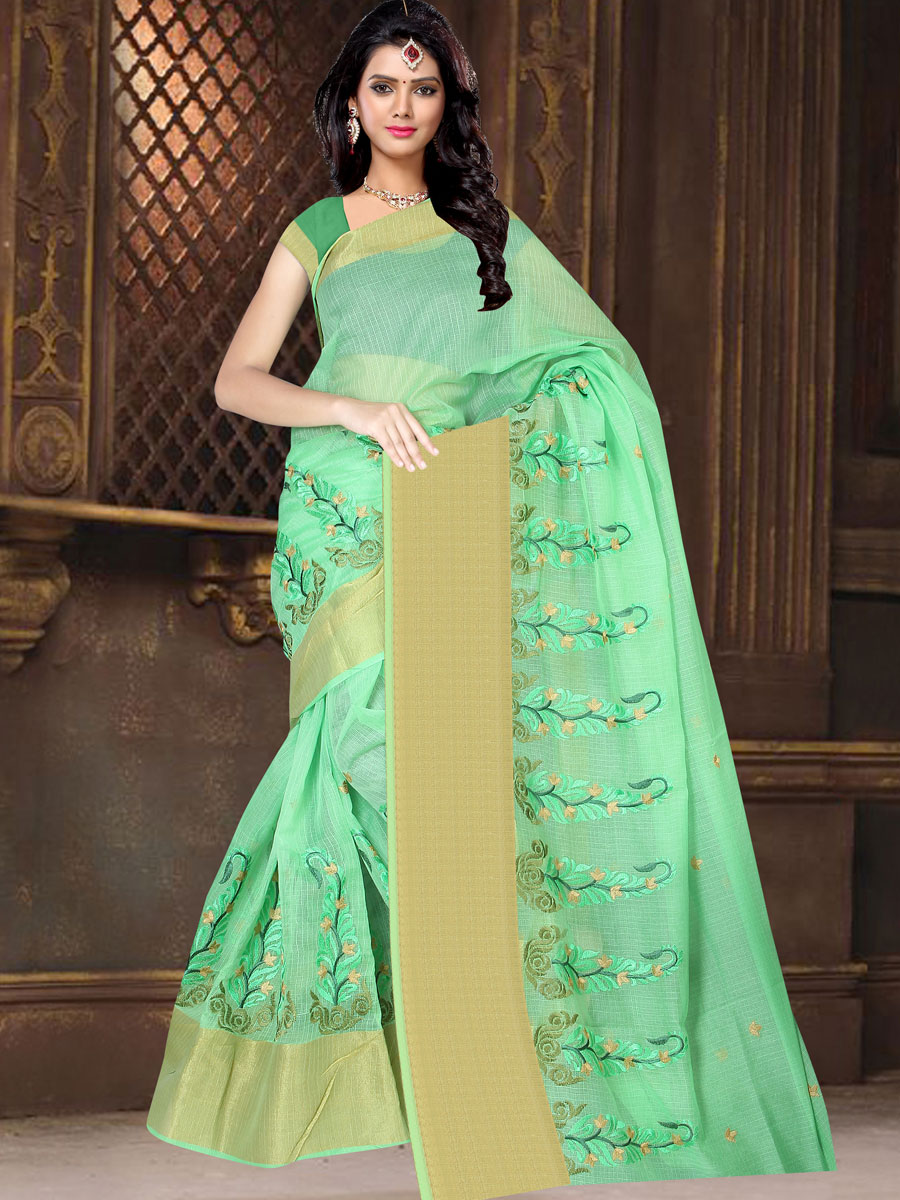 Light Parrot Green Super Net Embroidered Casual Saree